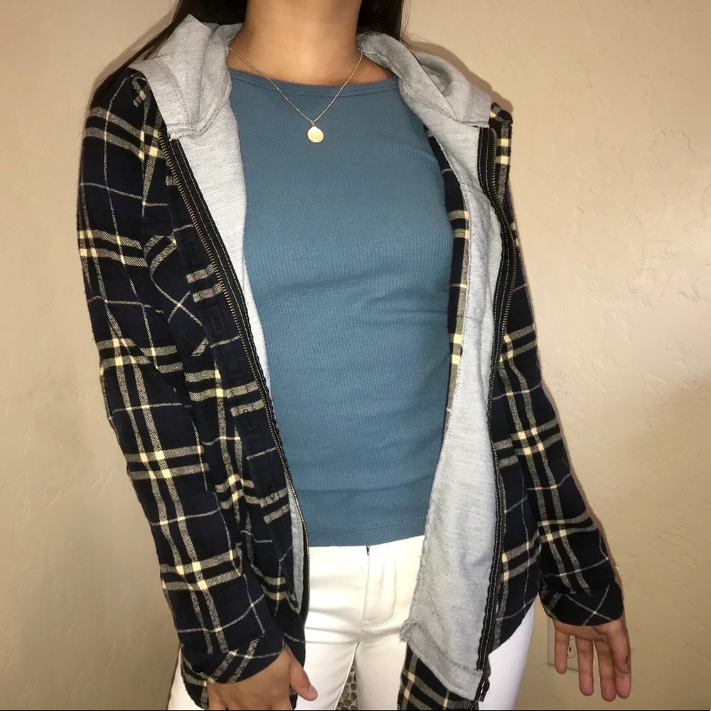 navy blue and yellow plaid flannel jacket